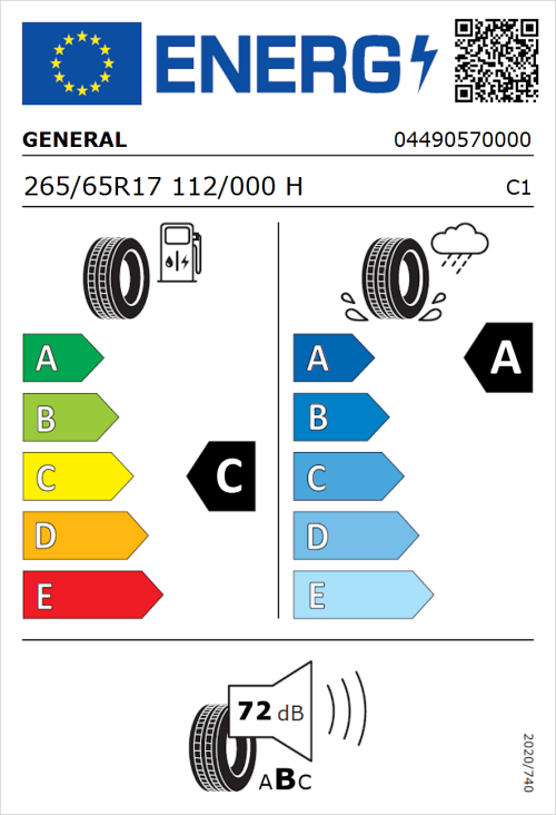 Tyre Label for General Grabber GT Plus 265/65R17 112/000H