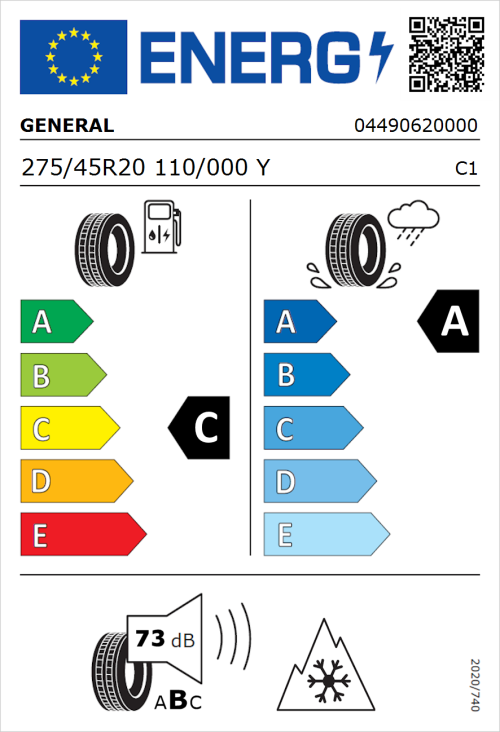 Tyre Label for General Grabber GT Plus 275/45R20 110/000Y