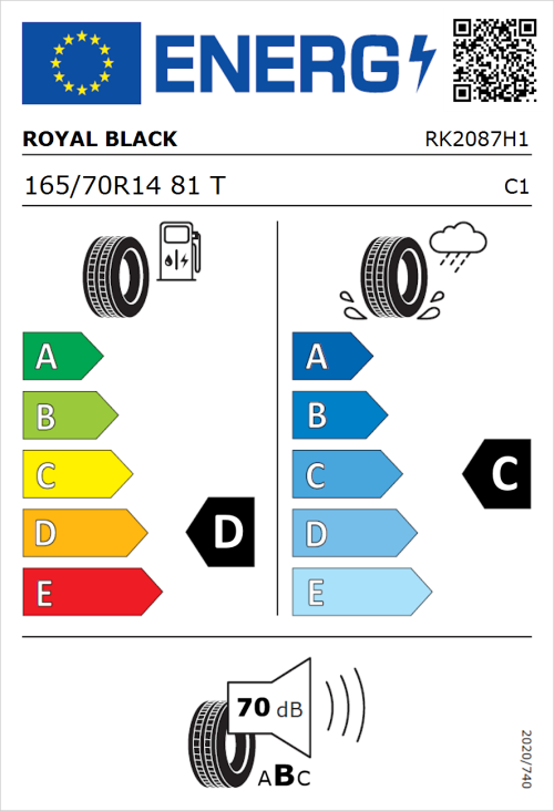 Tyre Label for Royal Black Royal Mile 165/70R14 81T
