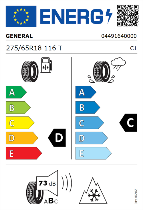 Tyre Label for General Grabber AT 3 275/65R18 116T