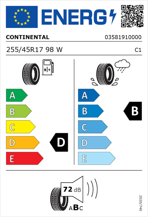 Tyre Label for Continental ContiSportContact 5 SSR 255/45R17 98W