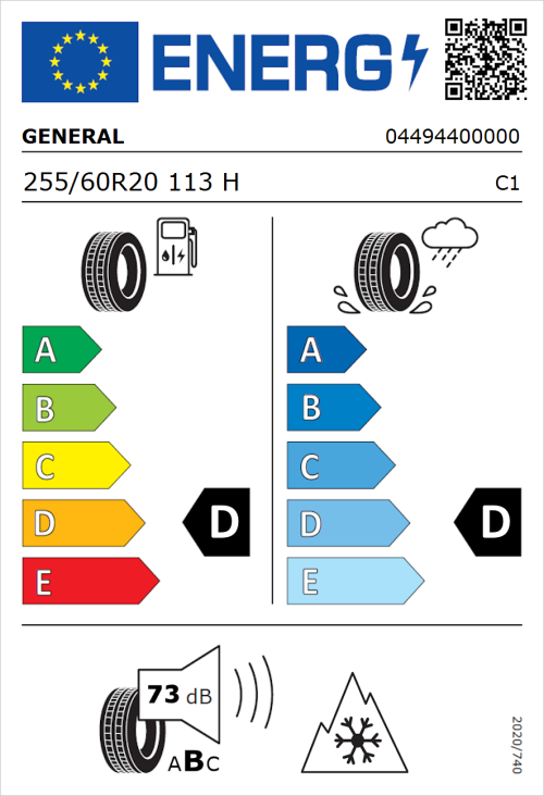 Tyre Label for General Grabber AT 3 255/60R20 113H