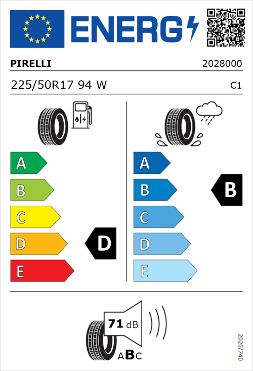Tyre Label for Pirelli Cinturato P7 Run Flat 225/50R17 94W