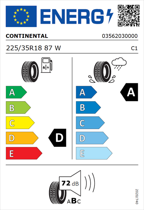 Tyre Label for Continental ContiSportContact 5 225/35R18 87W