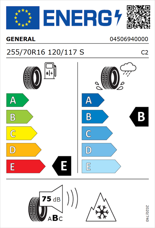 Tyre Label for General Grabber AT 3 255/70R16 120/117S